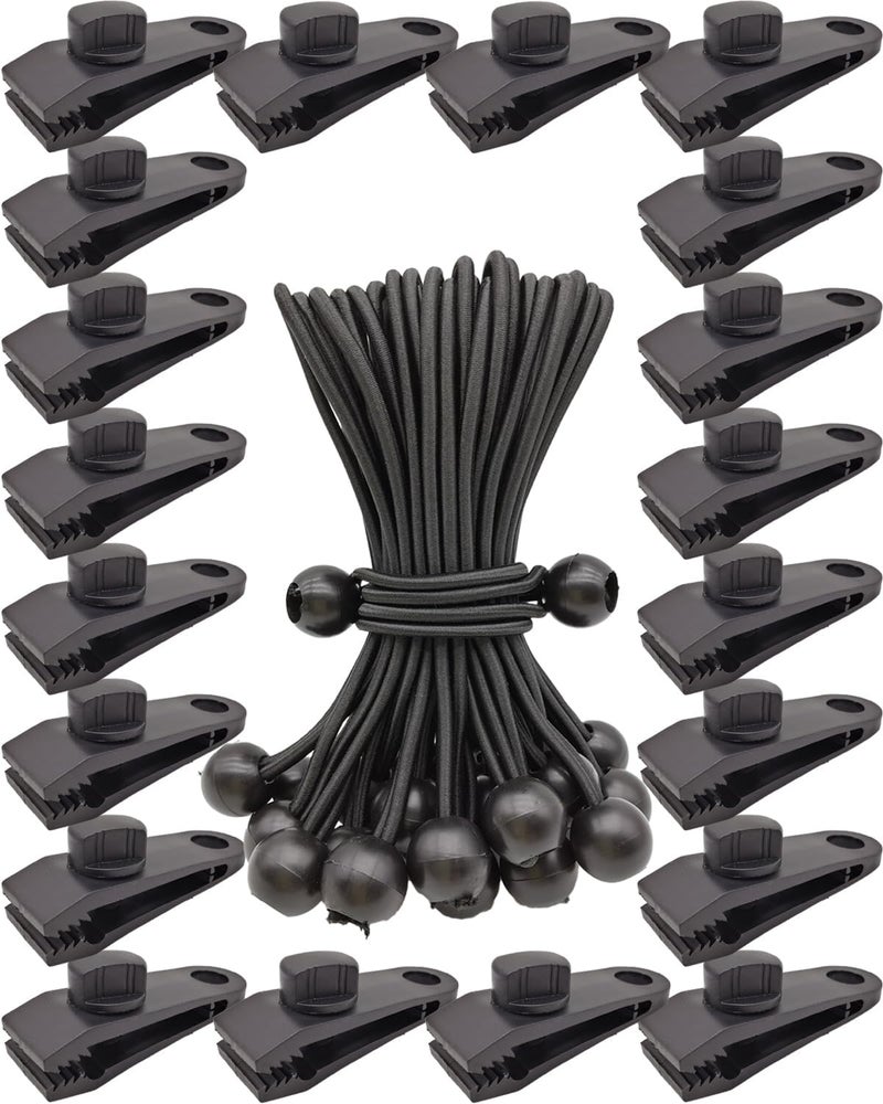 AOBYMIN Tarp Clips Lock Grip, 40 Pack Tarp Clamps Heavy Duty and Ball Bungee Cords Set, Tent Clips with 6 Inch Bungie Cord Balls for Awnings Camping, Patio Umbrellas, Pool Awning Cover - Image 1